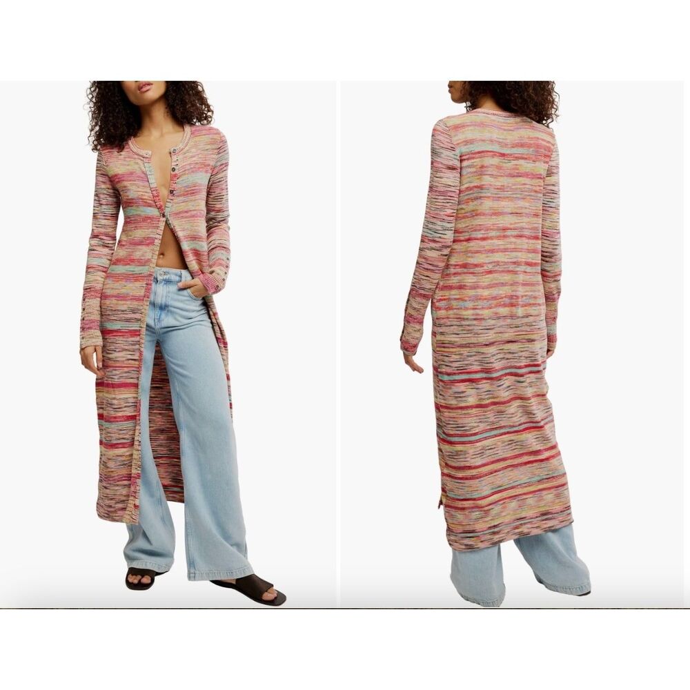 New Free People Harmony Space Dye  Multicolor Long Cardigan Sweater Small 4-6